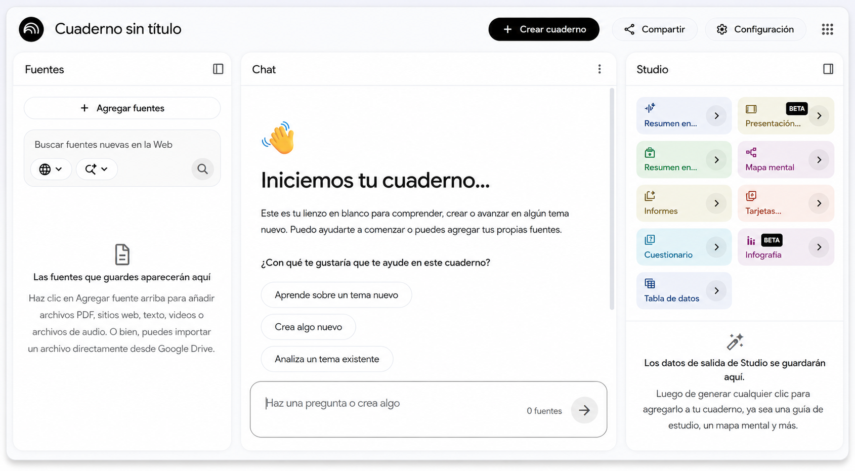 Interfaz de NotebookLM con herramientas para crear materiales educativos como presentaciones, mapas mentales, cuestionarios e infografías